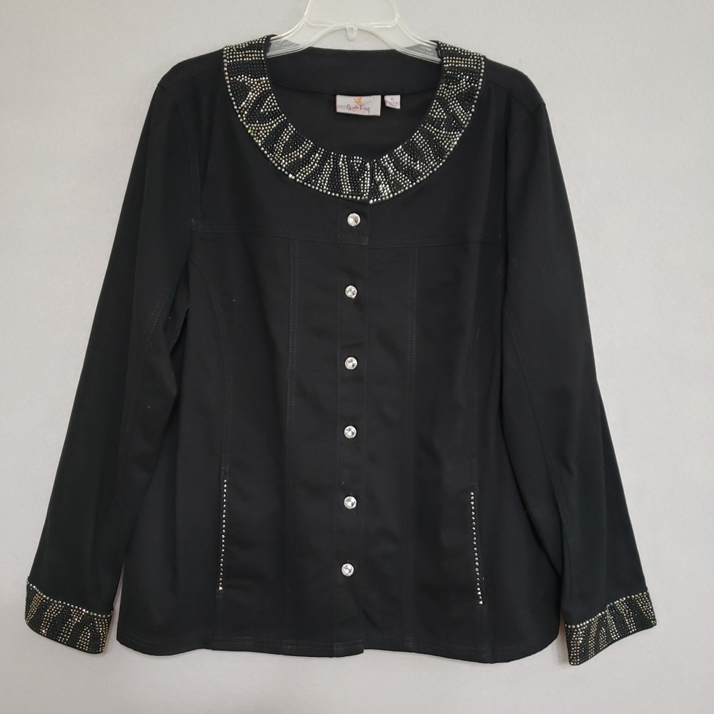 Quacker Factory Black Rhinestone Jacket Women's XL Embellished Collar Cuffs